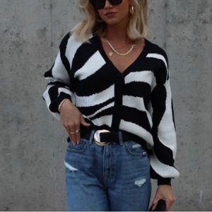 Knit Button Front Cardigan - Black/White